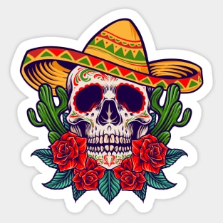 Day of the Dead Skull with Sombrero, Roses and Cactus Sticker